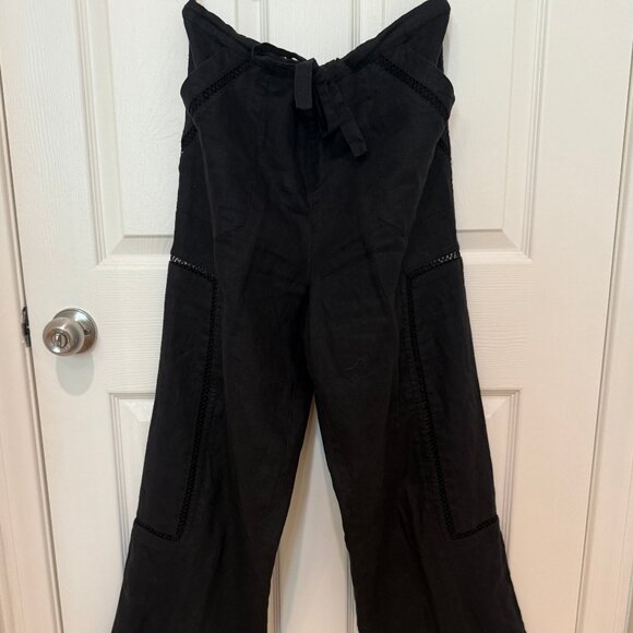 STAUD MACKENZIE BLACK WIDE LEG LINEN PANTS WITH LACE ACCENTS - Picture 2 of 14
